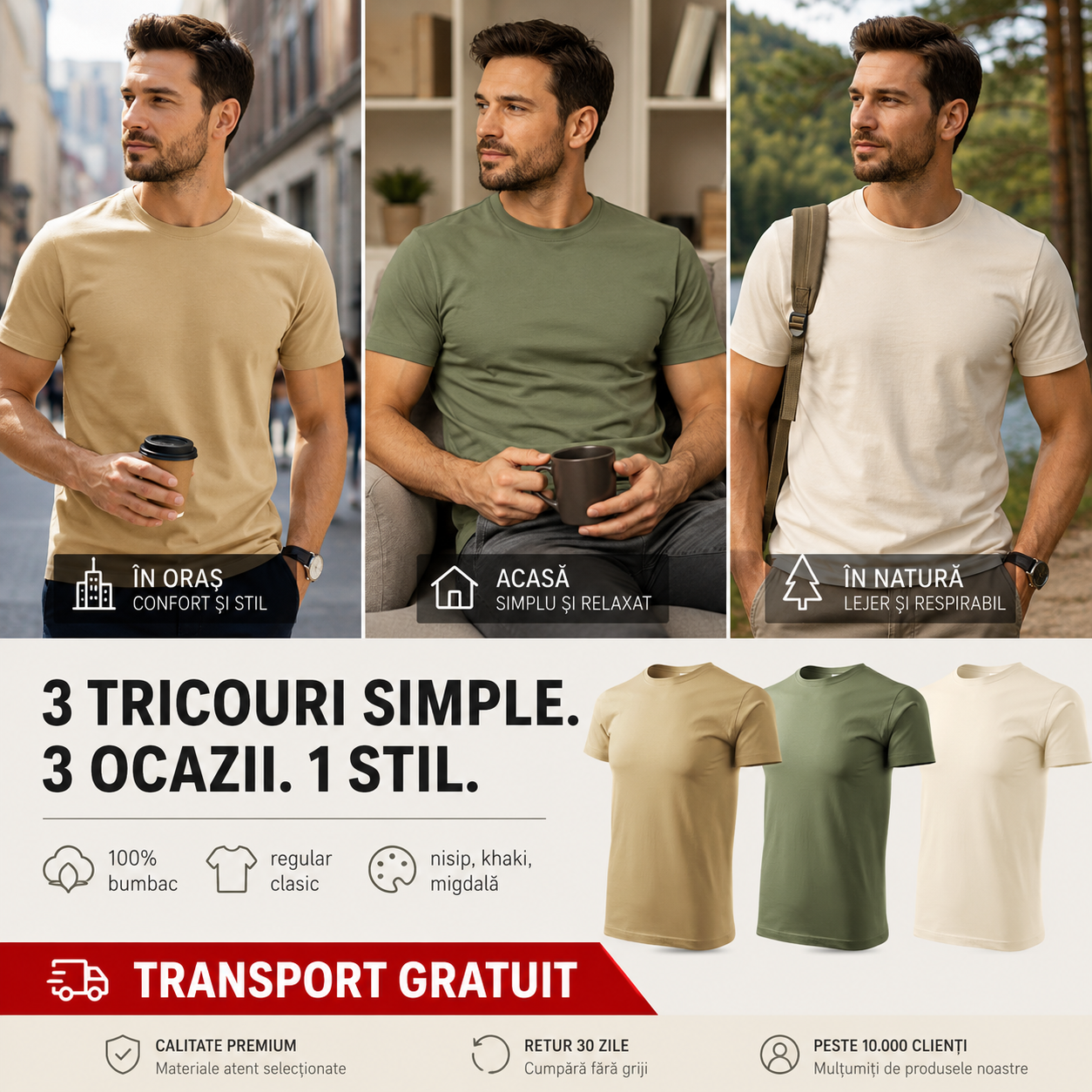 Tricouri bărbați nisip khaki și migdală din bumbac 100% pentru ținute casual